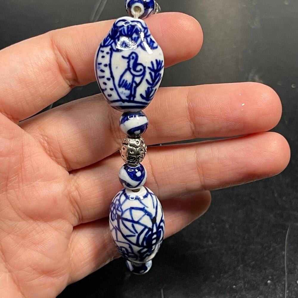 Vtg Chinese Hand Painted Porcelain Beaded Bracelet Size 6 Oriental